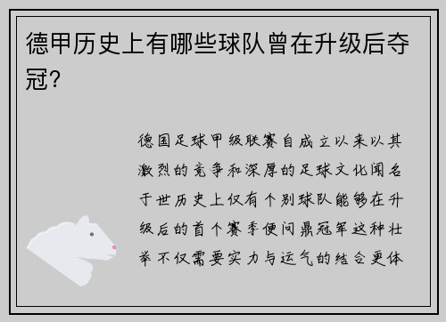德甲历史上有哪些球队曾在升级后夺冠？