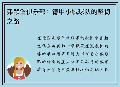 弗赖堡俱乐部：德甲小城球队的坚韧之路